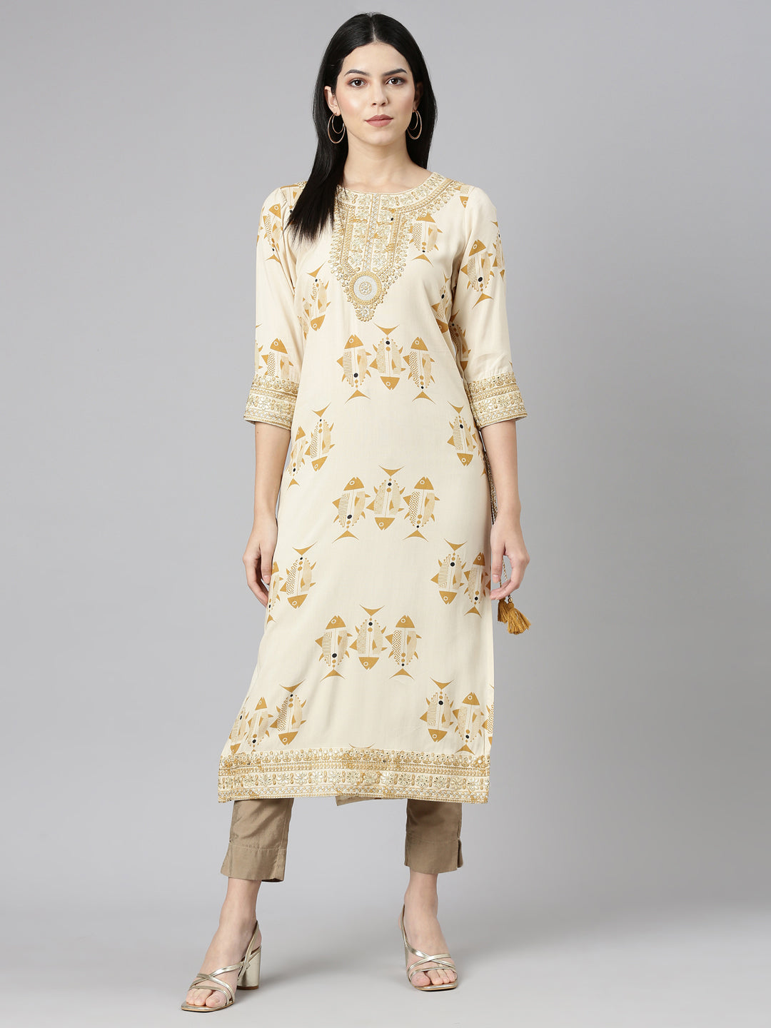 Neeru's Cream Regular Straight Printed Kurtas