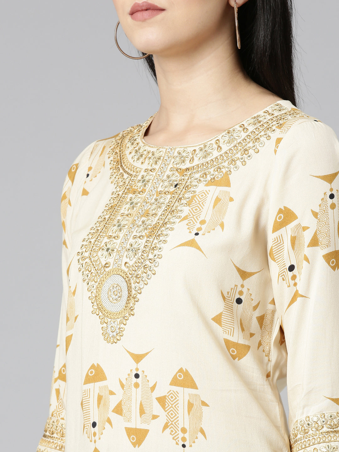 Neeru's Cream Regular Straight Printed Kurtas