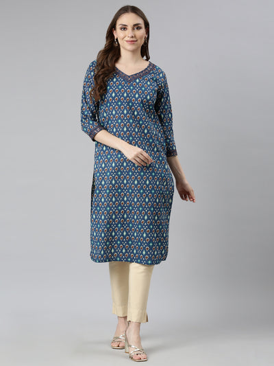 Neerus Blue Regular Straight Woven Design Kurtas