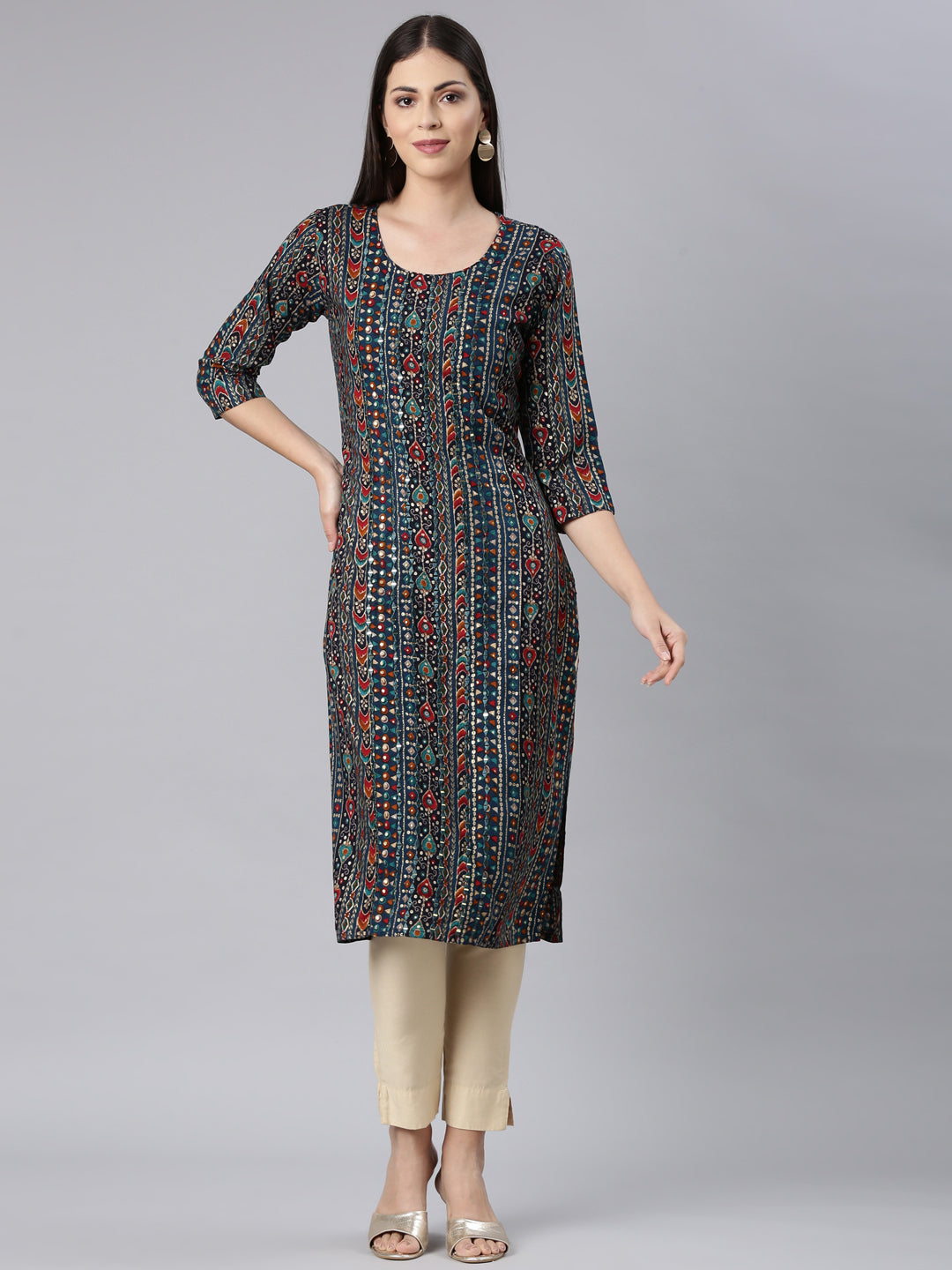 Neerus Blue Straight Casual Embellished Straight Kurtas