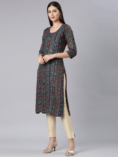 Neerus Blue Straight Casual Embellished Straight Kurtas