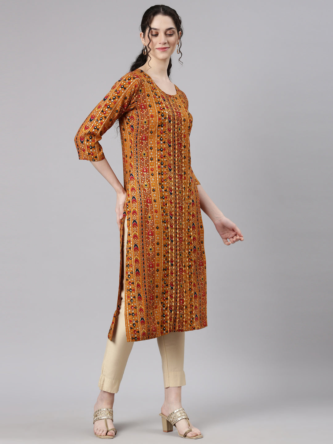 Neerus Mustard Straight Casual Embellished Kurtas