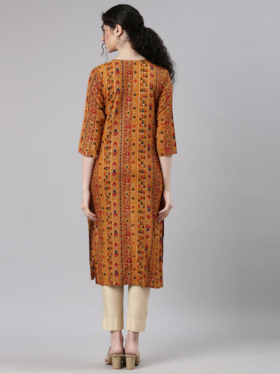 Neerus Mustard Straight Casual Embellished Kurtas