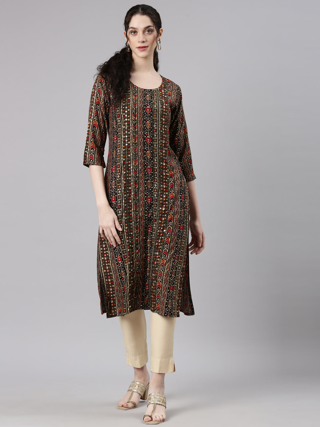 Neerus Olive Straight Casual Embellished Kurtas