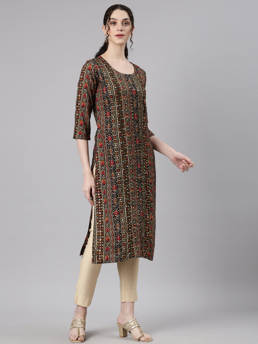 Neerus Olive Straight Casual Embellished Kurtas