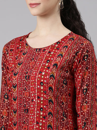 Neerus Red Straight Casual Embellished Kurtas