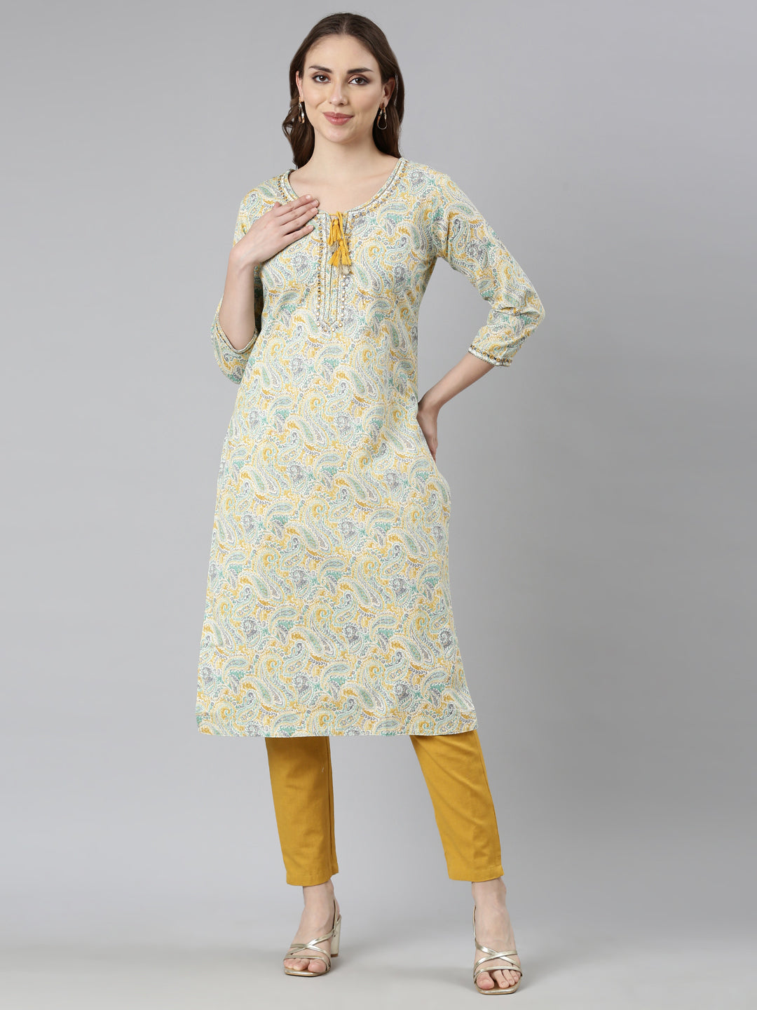 Neerus Yellow Regular Straight Woven Design Kurtas