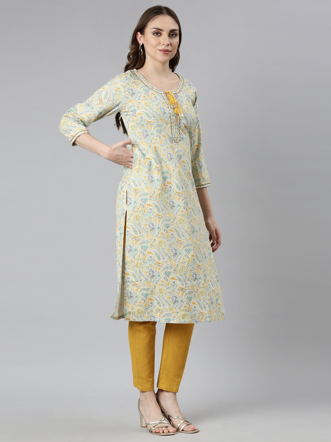 Neerus Yellow Regular Straight Woven Design Kurtas