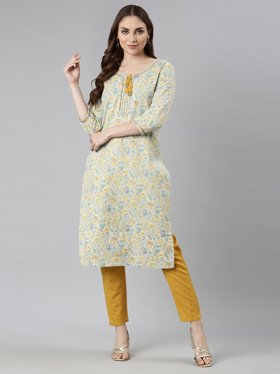 Neerus Yellow Regular Straight Woven Design Kurtas