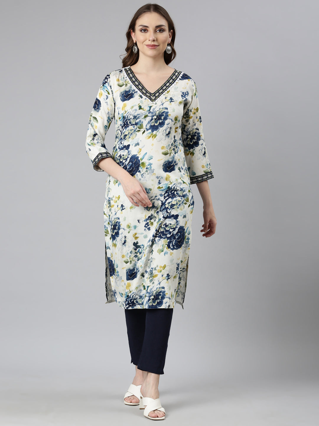 Neerus Blue Panelled Straight Floral Kurtas