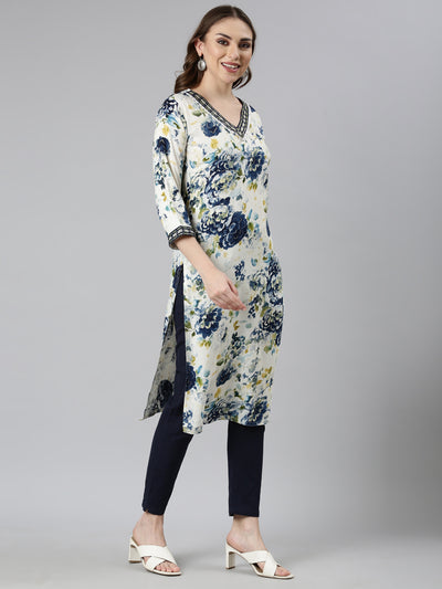 Neerus Blue Panelled Straight Floral Kurtas