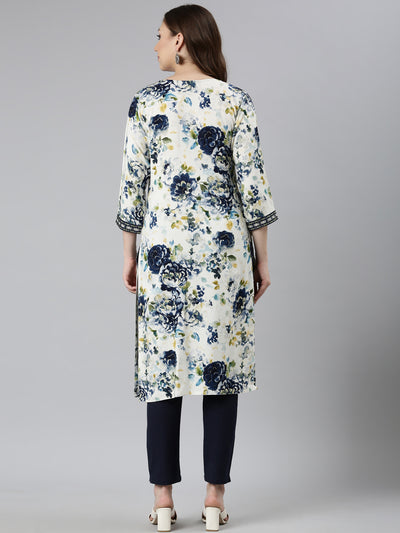 Neerus Blue Panelled Straight Floral Kurtas