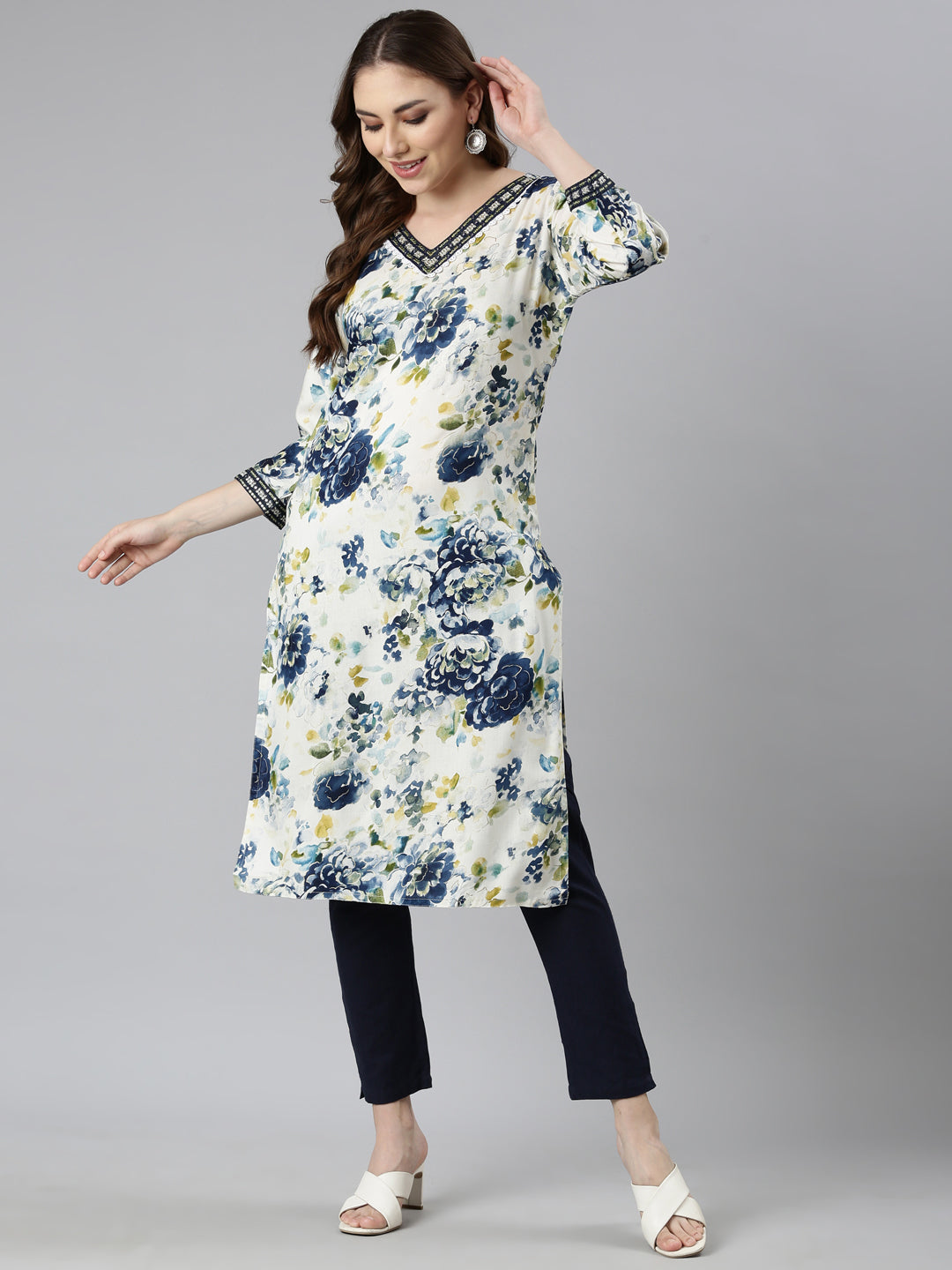 Neerus Blue Panelled Straight Floral Kurtas