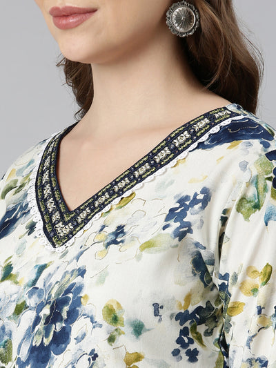 Neerus Blue Panelled Straight Floral Kurtas