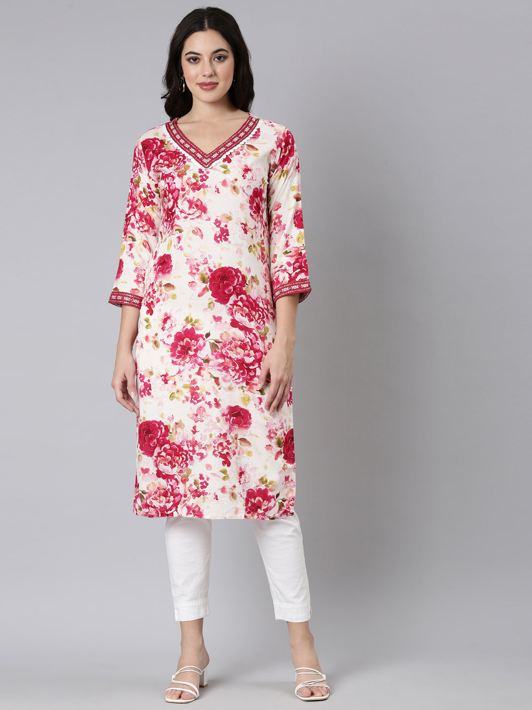 Neerus Red Panelled Straight Floral Kurtas