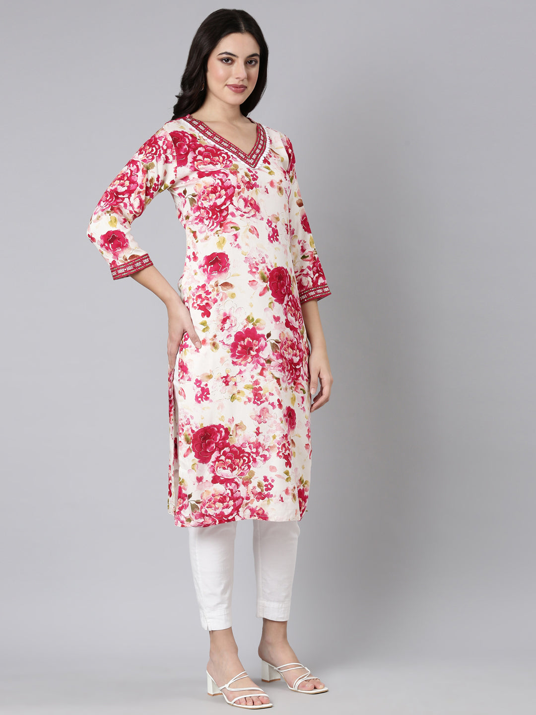 Neerus Red Panelled Straight Floral Kurtas