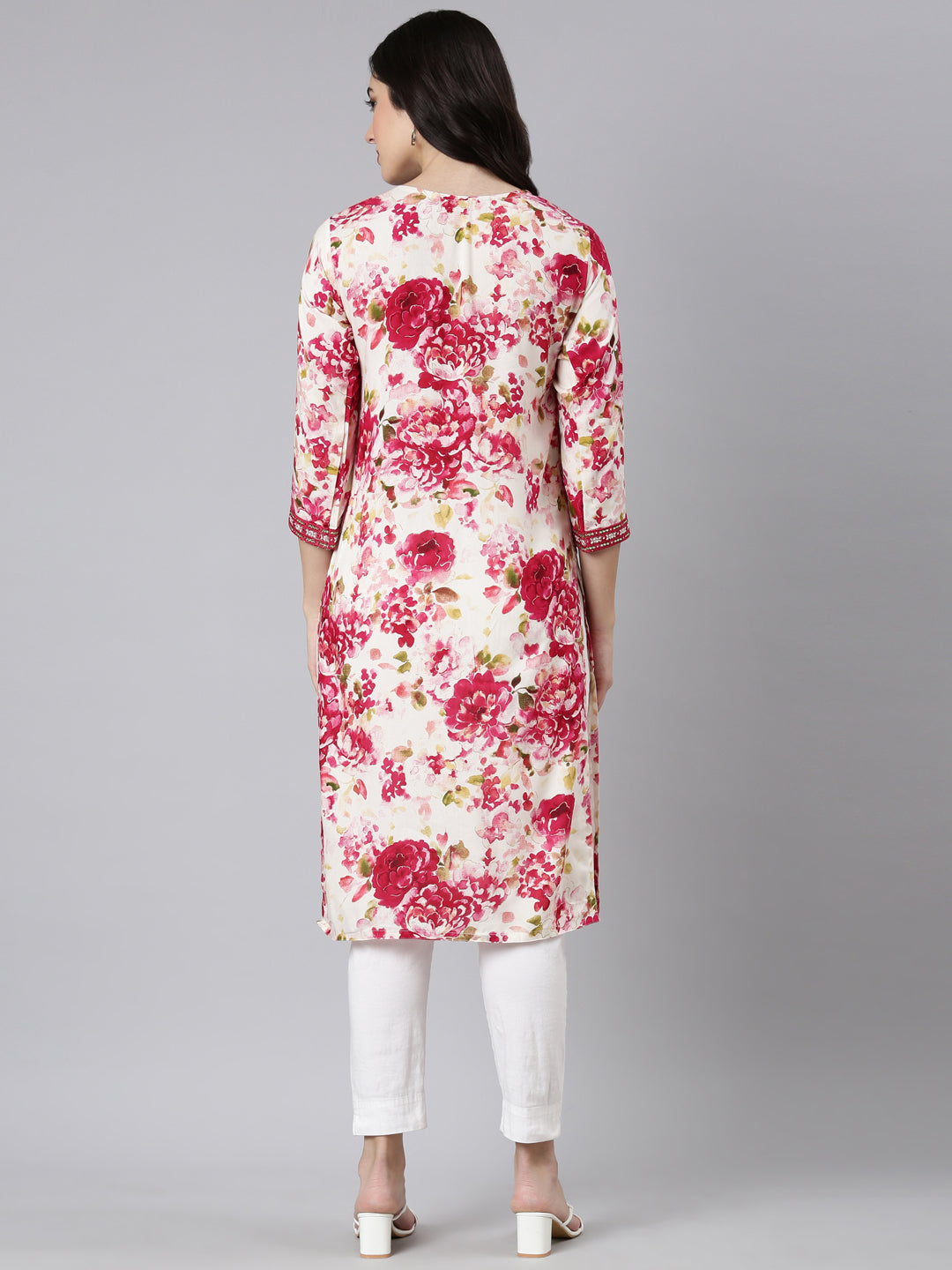 Neerus Red Panelled Straight Floral Kurtas