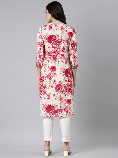 Neerus Red Panelled Straight Floral Kurtas