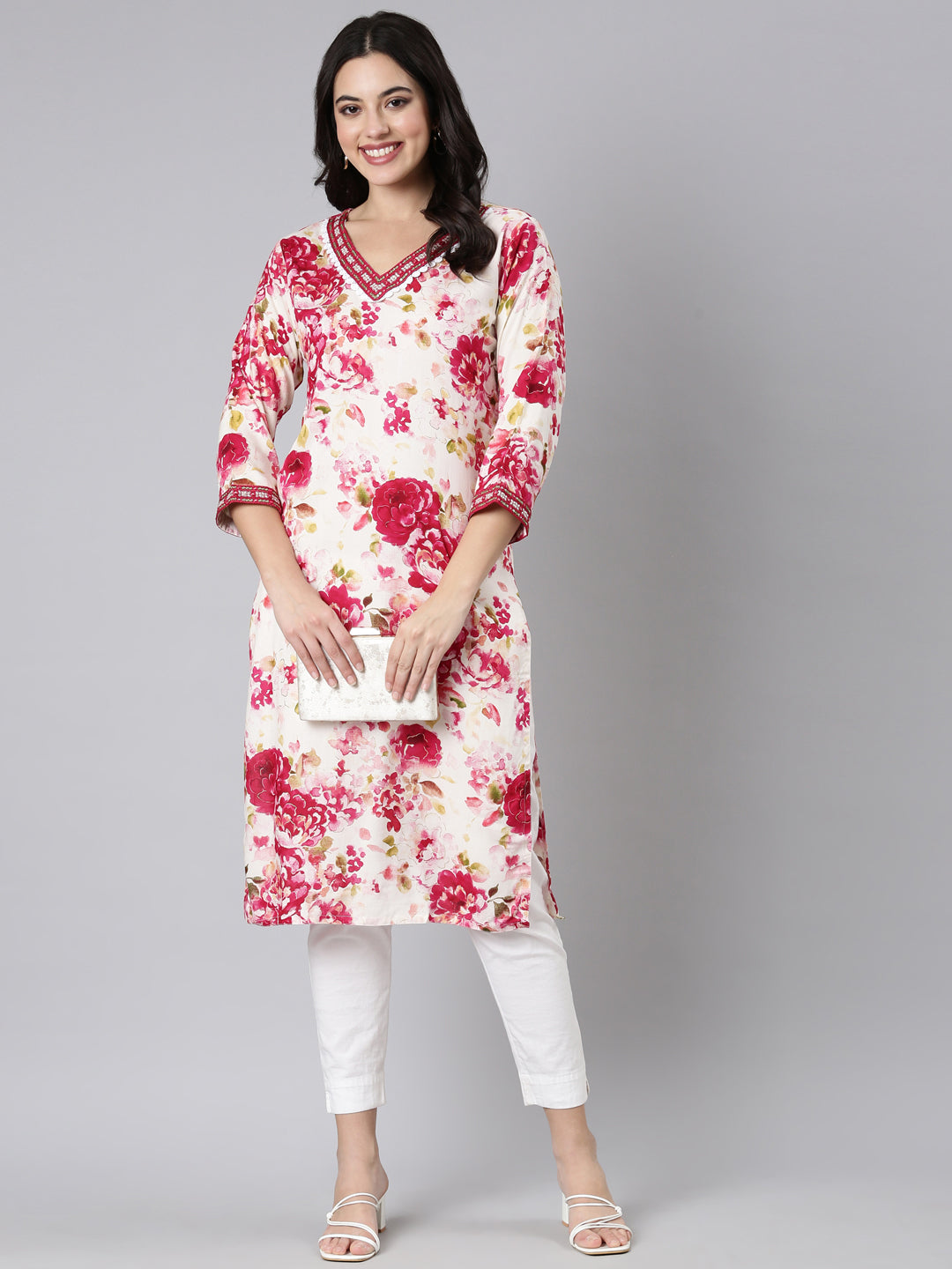 Neerus Red Panelled Straight Floral Kurtas