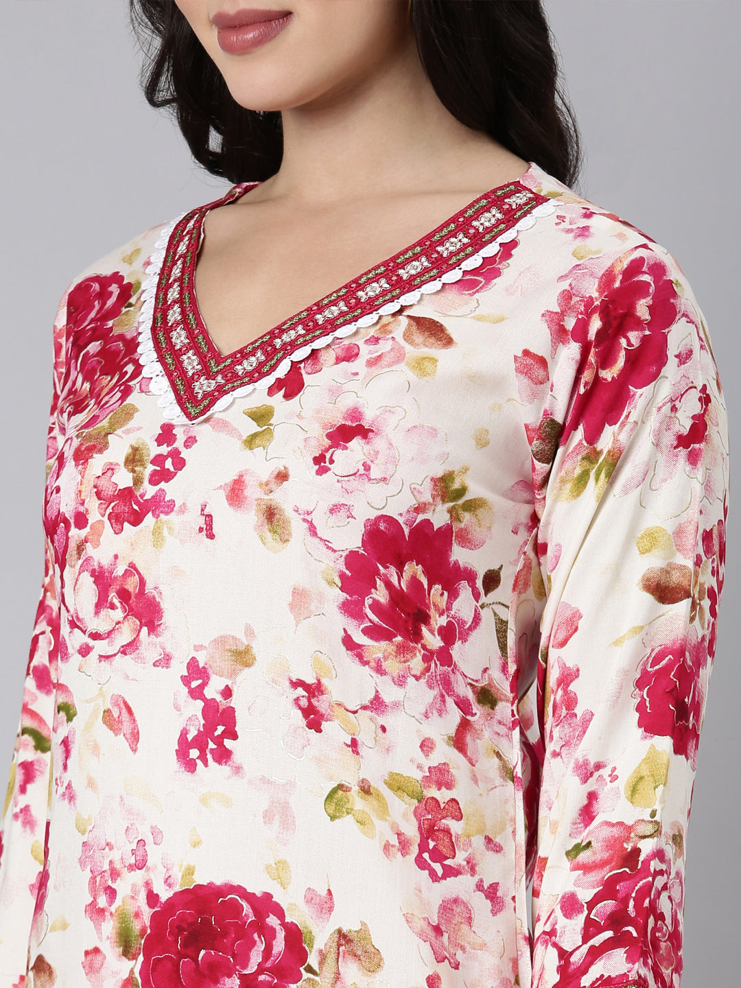 Neerus Red Panelled Straight Floral Kurtas