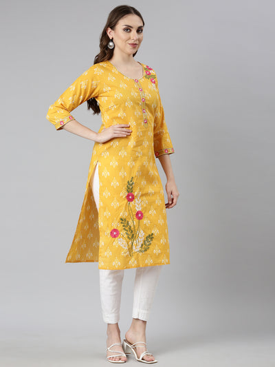 Neerus Mustard Panelled Straight Floral Kurtas