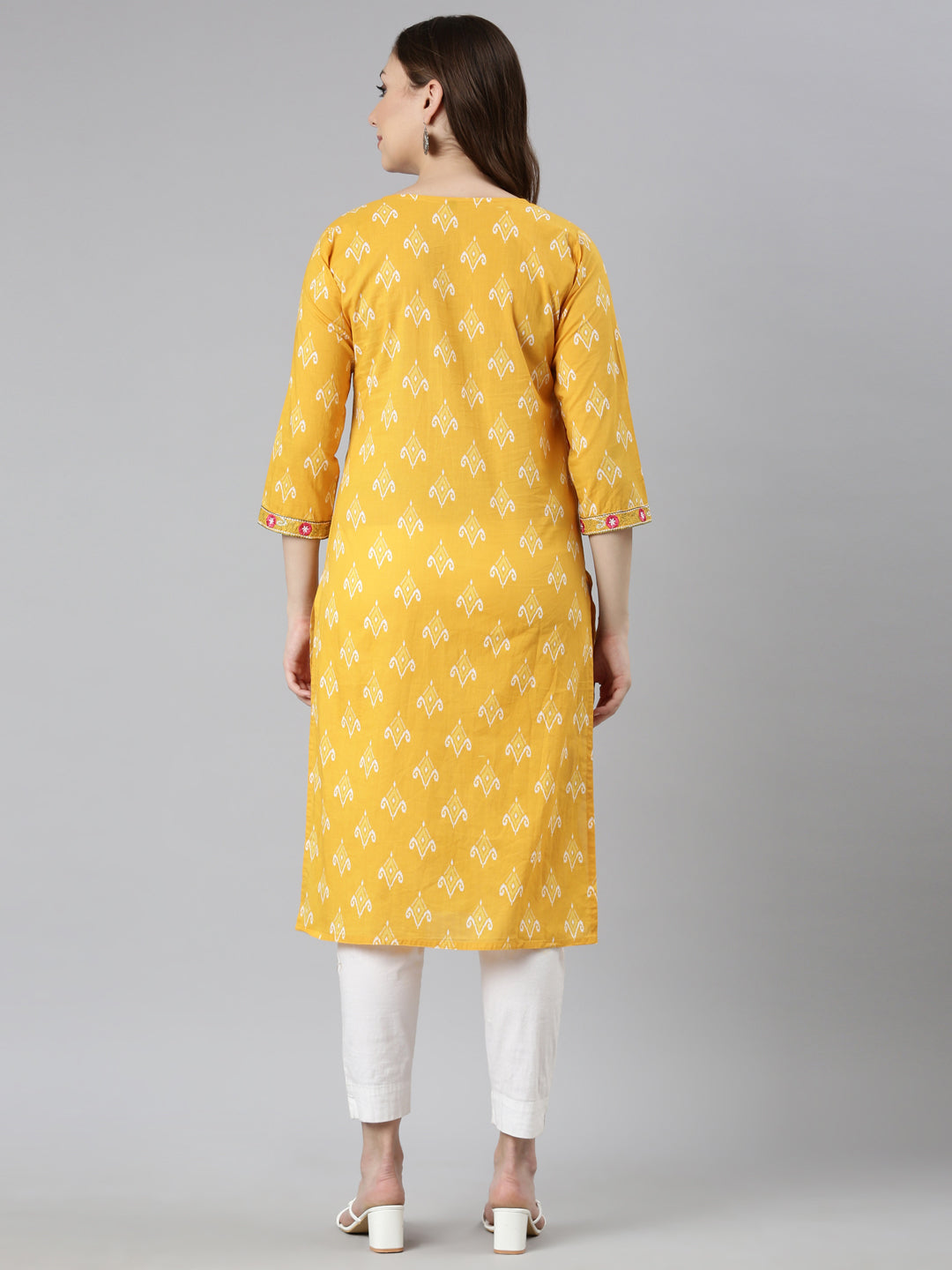 Neerus Mustard Panelled Straight Floral Kurtas