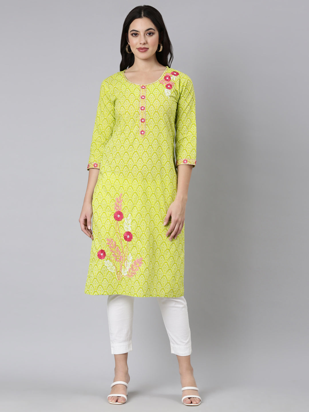 Neerus Green Panelled Straight Floral Kurtas