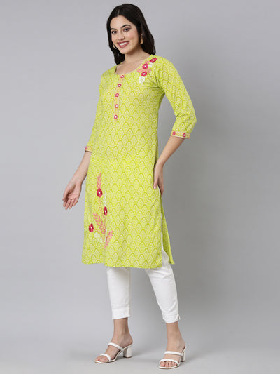 Neerus Green Panelled Straight Floral Kurtas