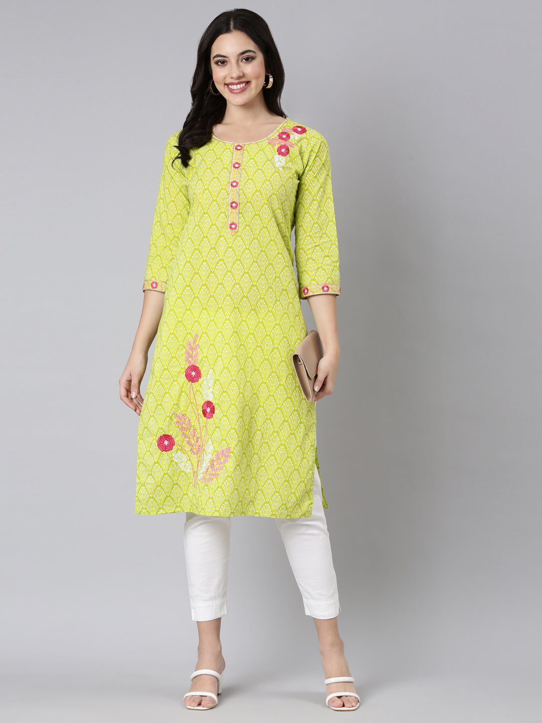 Neerus Green Panelled Straight Floral Kurtas