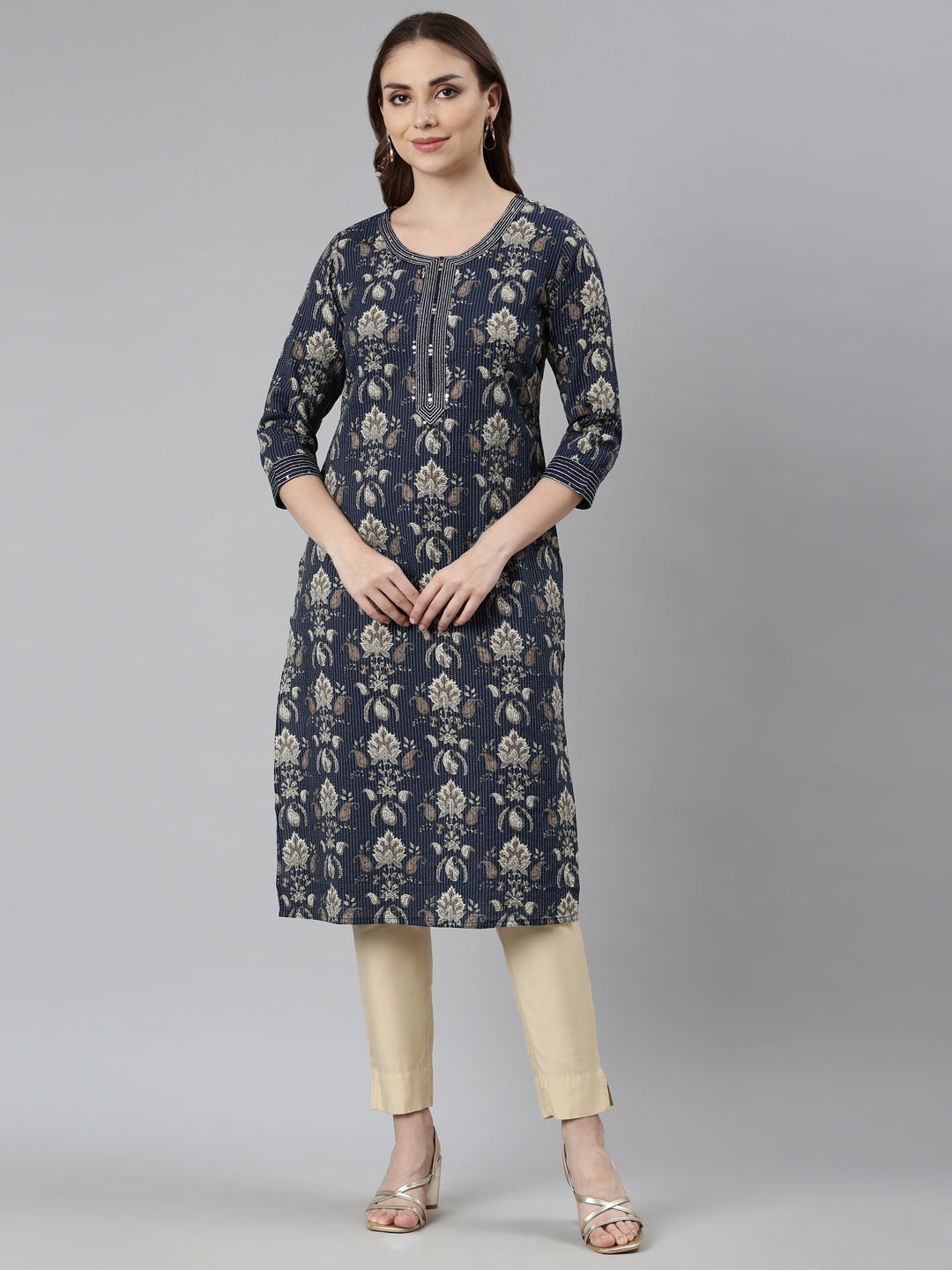 Neerus Navy Blue Panelled Straight Paisley Kurtas