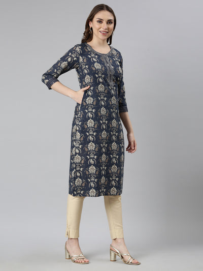 Neerus Navy Blue Panelled Straight Paisley Kurtas