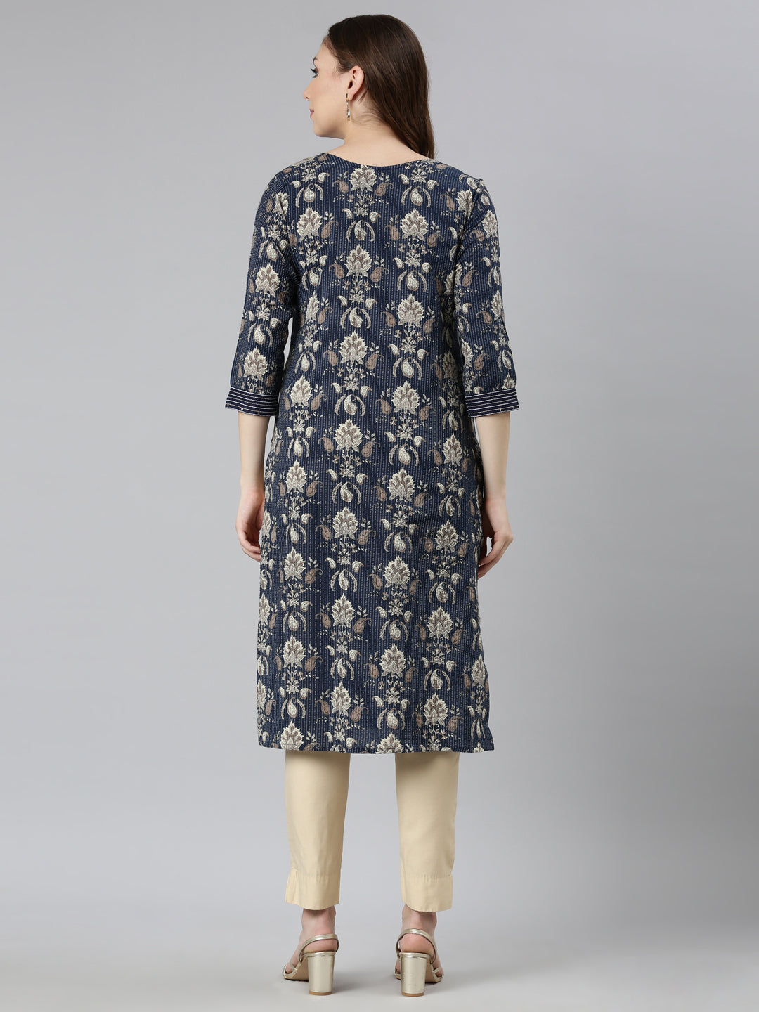 Neerus Navy Blue Panelled Straight Paisley Kurtas