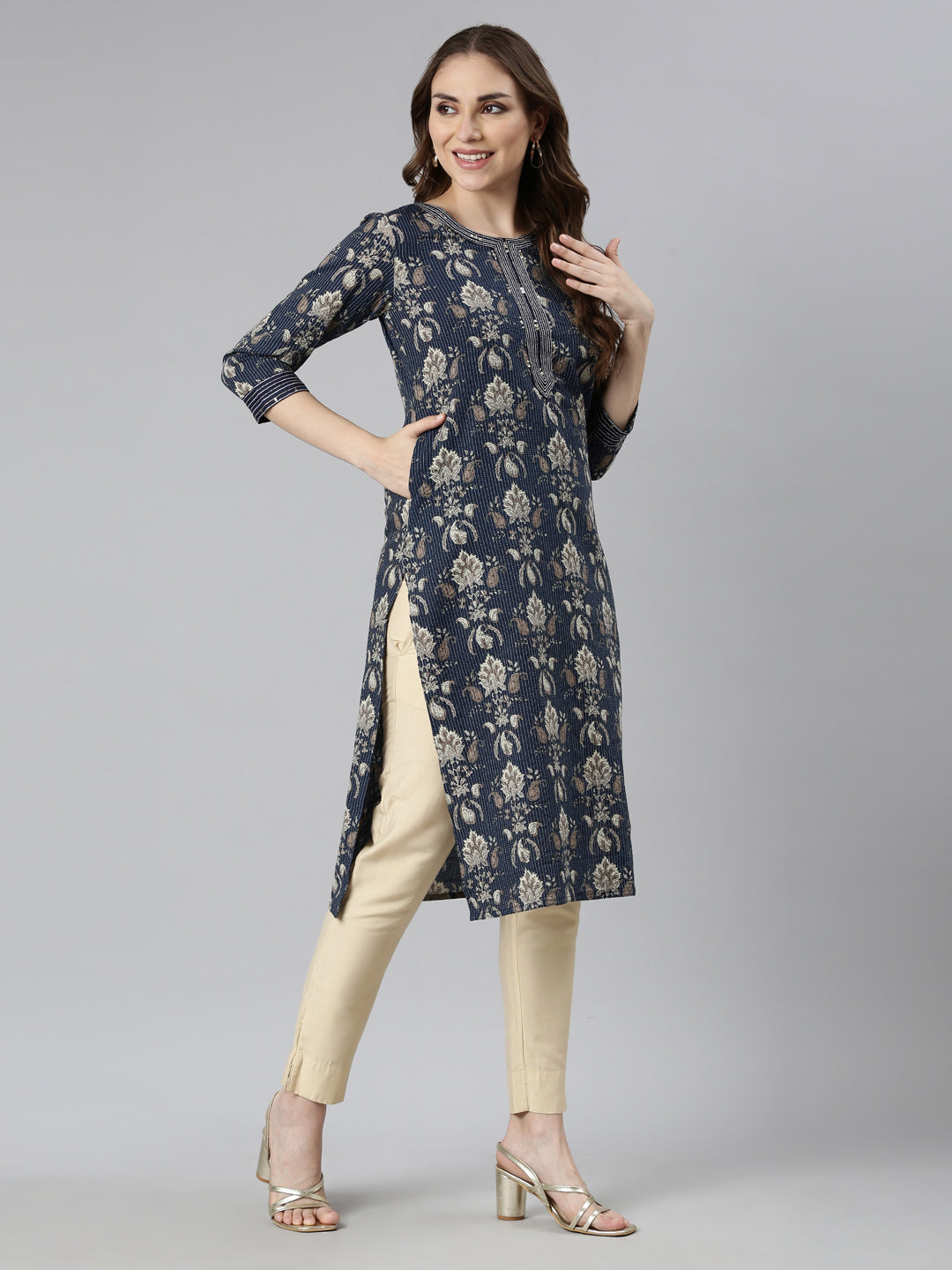 Neerus Navy Blue Panelled Straight Paisley Kurtas