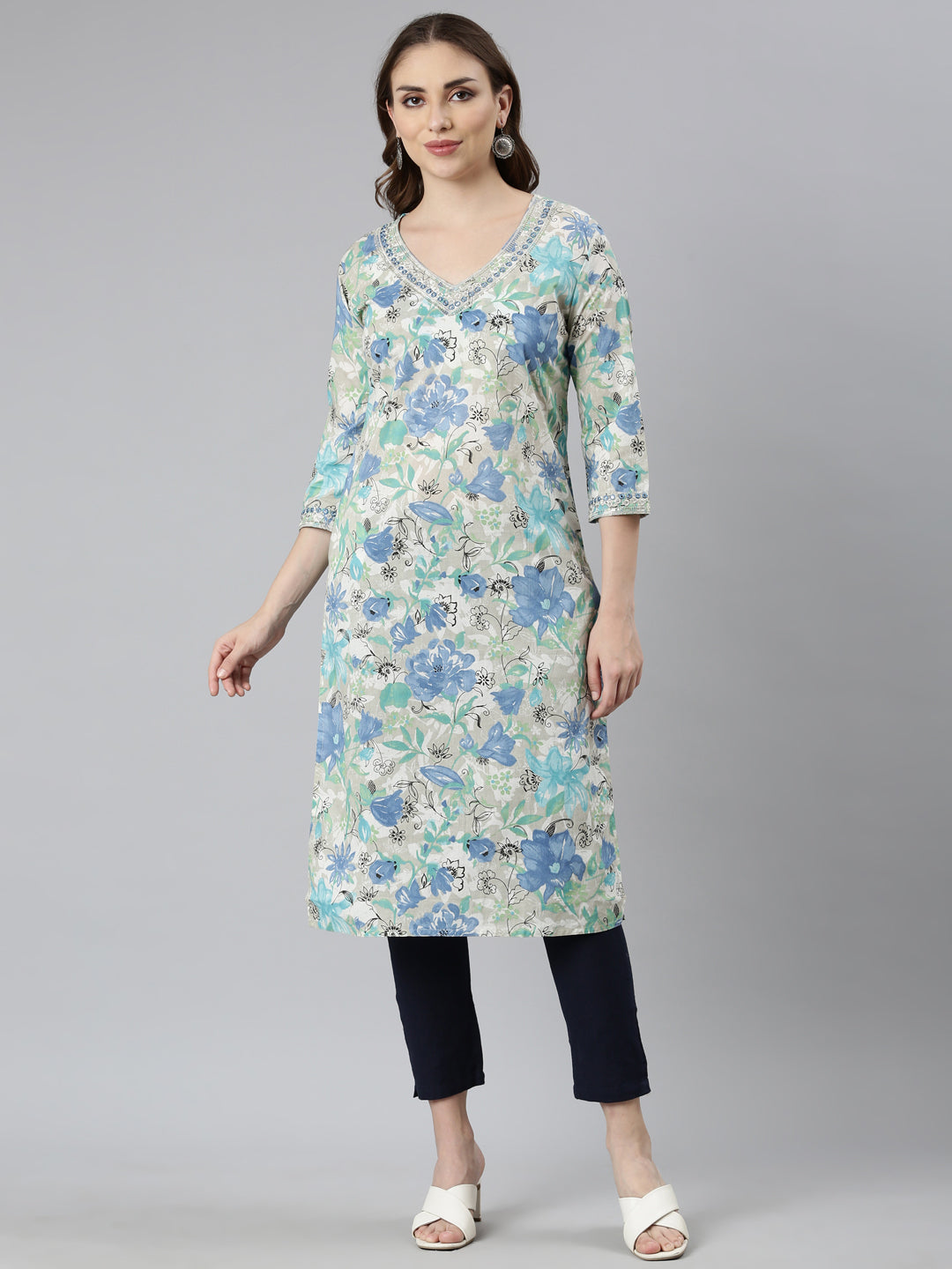 Neerus Blue Panelled Straight Floral Kurtas