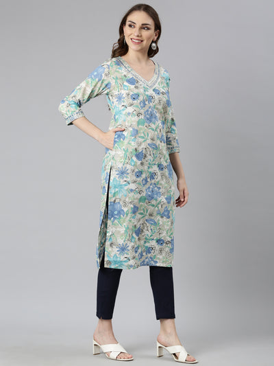 Neerus Blue Panelled Straight Floral Kurtas