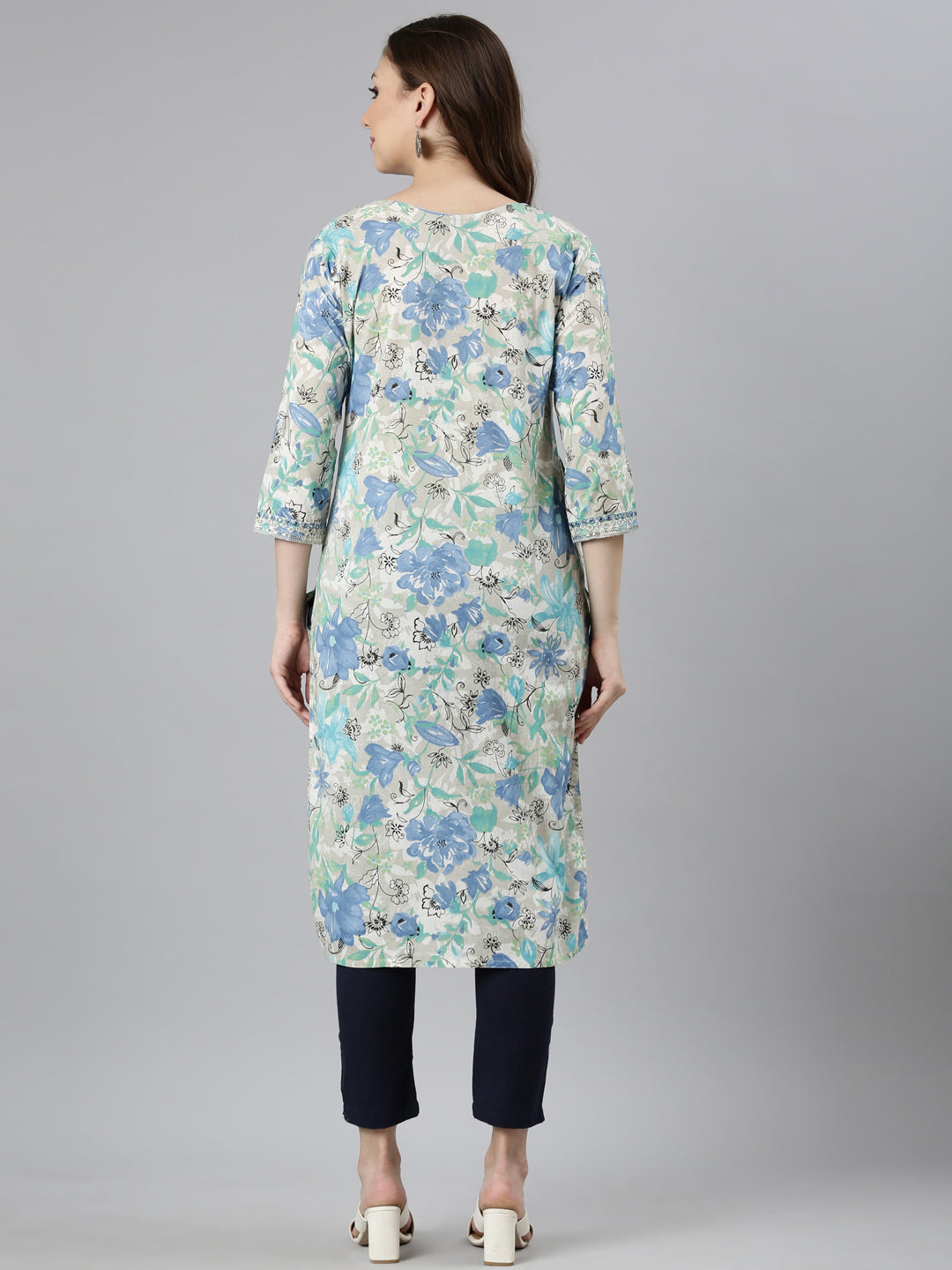 Neerus Blue Panelled Straight Floral Kurtas