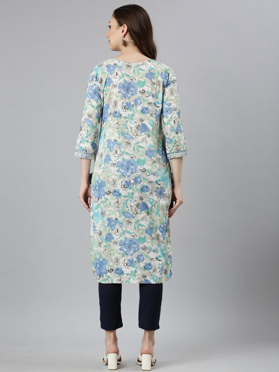 Neerus Blue Panelled Straight Floral Kurtas