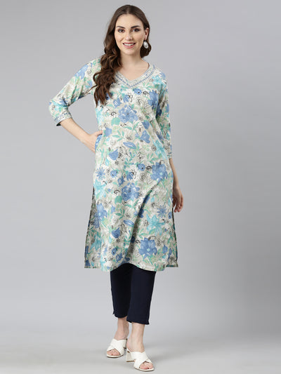 Neerus Blue Panelled Straight Floral Kurtas