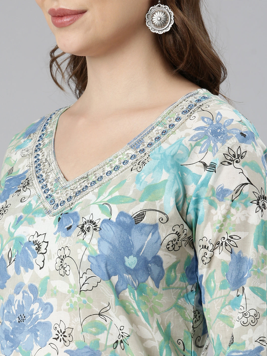 Neerus Blue Panelled Straight Floral Kurtas