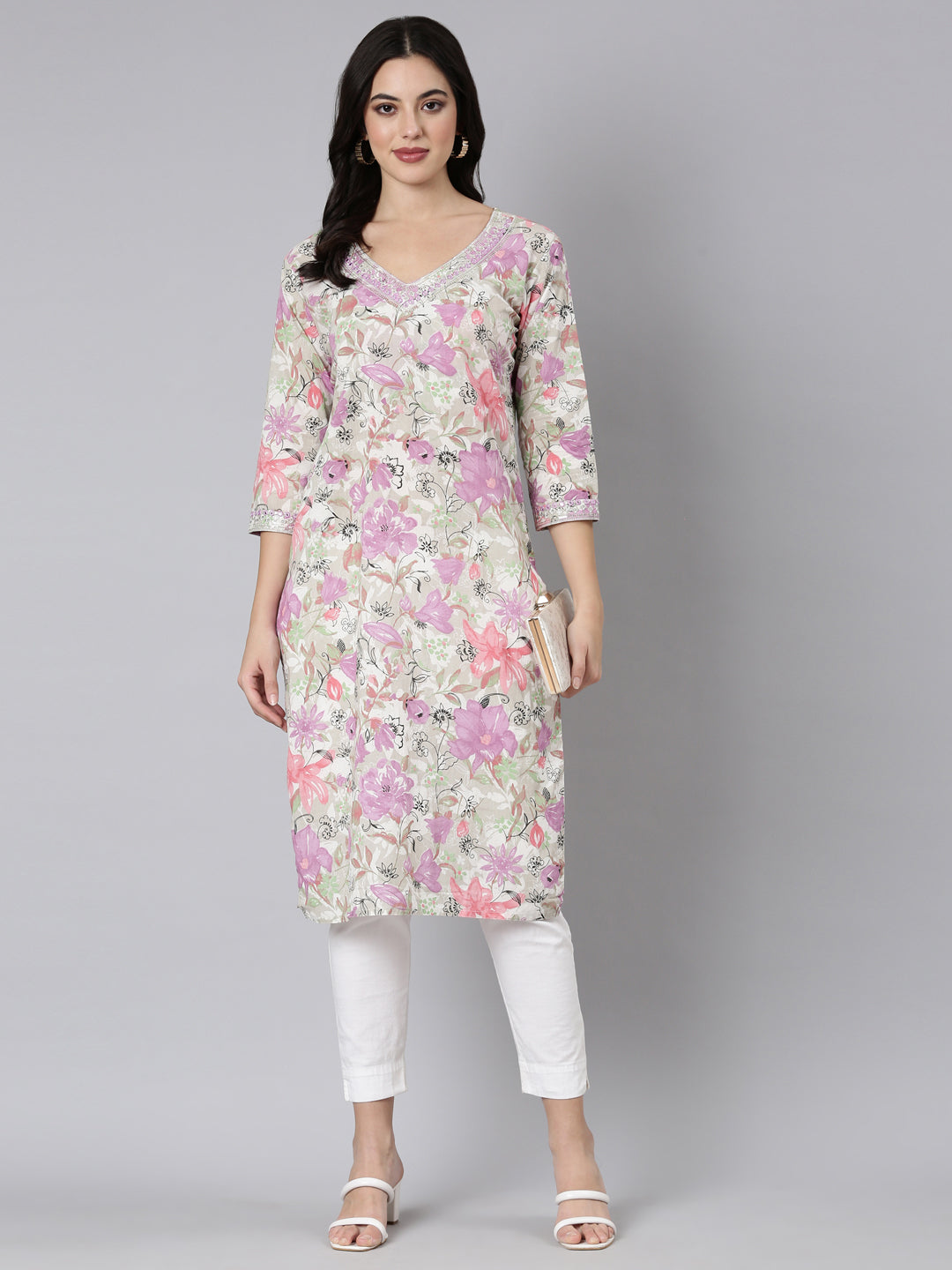 Neerus Lavender Panelled Straight Floral Kurtas