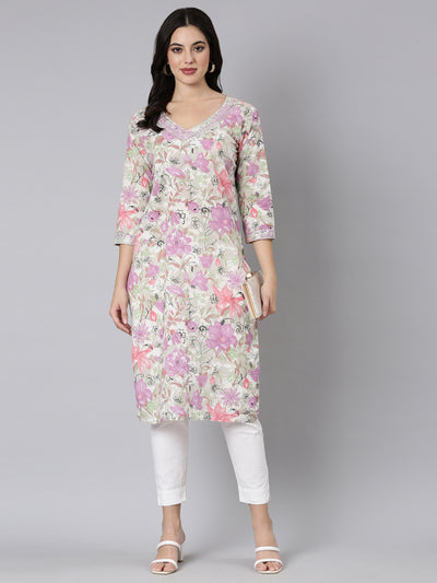 Neerus Lavender Panelled Straight Floral Kurtas