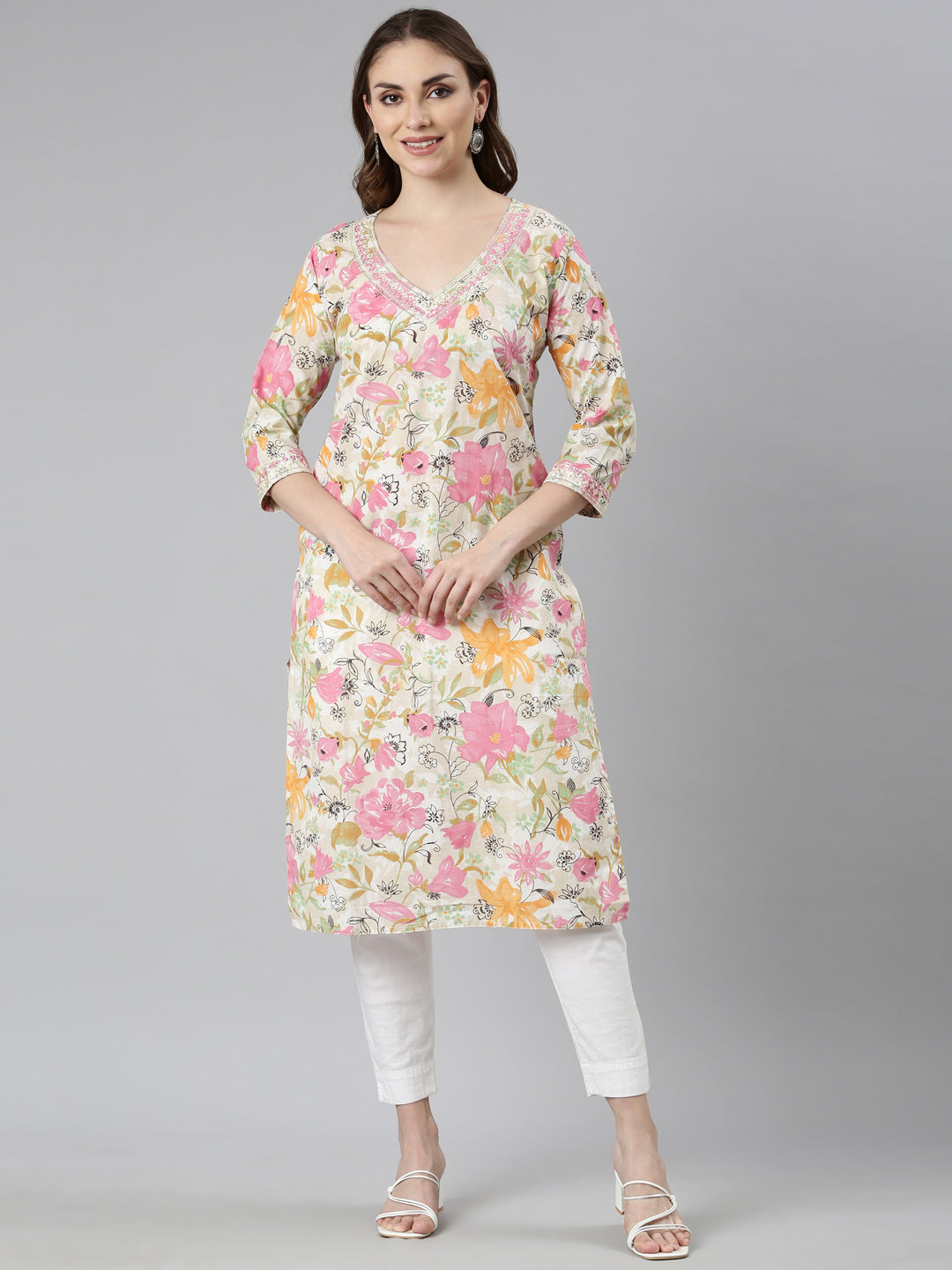 Neerus Pink Panelled Straight Floral Kurtas