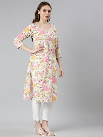 Neerus Pink Panelled Straight Floral Kurtas