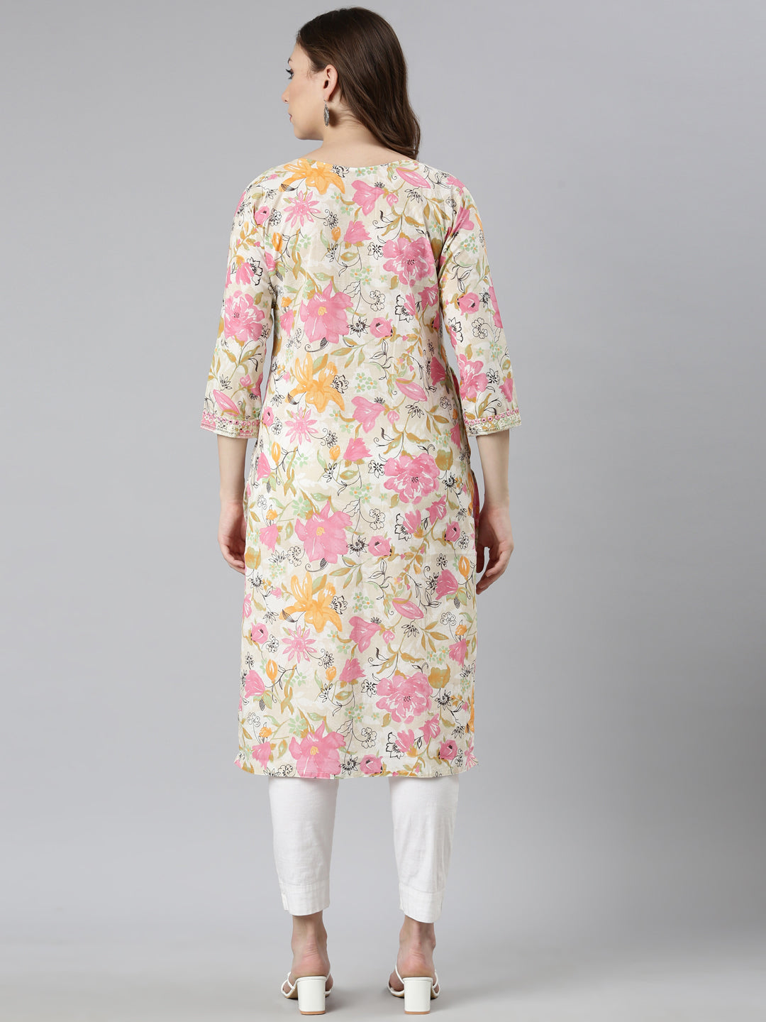 Neerus Pink Panelled Straight Floral Kurtas