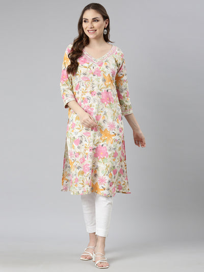 Neerus Pink Panelled Straight Floral Kurtas