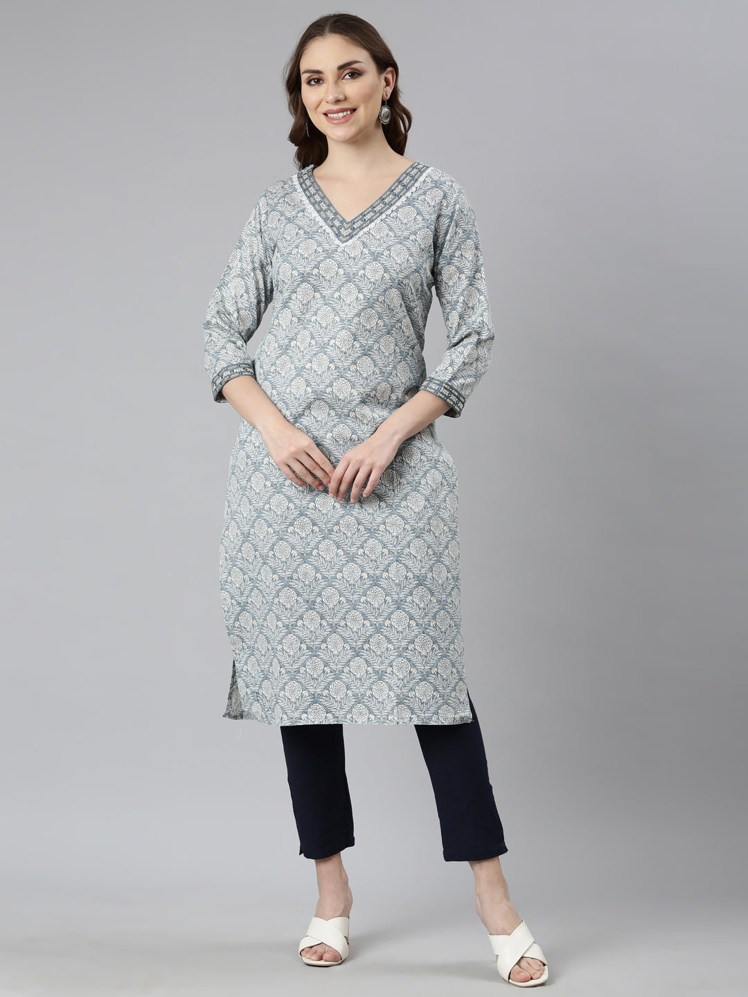 Neerus Grey Panelled Straight Floral Kurtas