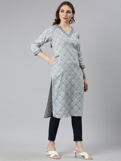 Neerus Grey Panelled Straight Floral Kurtas