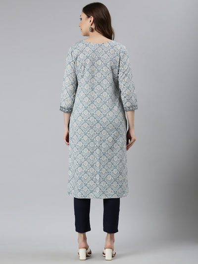 Neerus Grey Panelled Straight Floral Kurtas