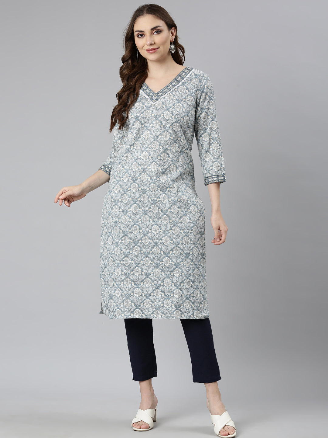 Neerus Grey Panelled Straight Floral Kurtas