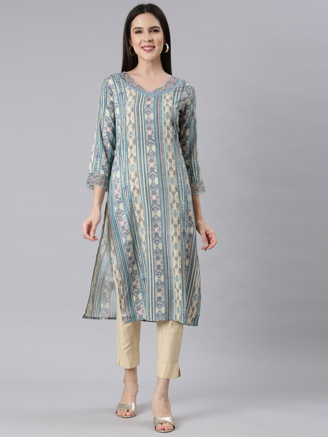 Neerus Blue Panelled Straight Chevron Kurtas